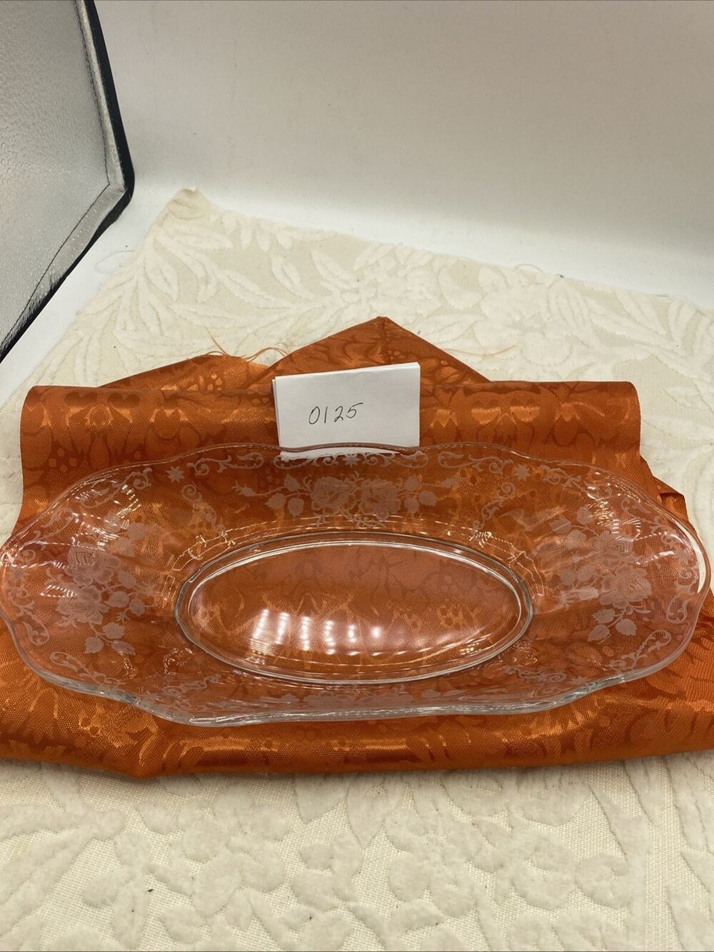 VINTAGE FLORAL ETCHED 11 3/4" ELEGANT GLASS CELERY SERVING BOWL
